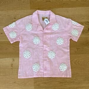 Rastah - Hand Embroidered Button Down Short Sleeve Shirt in Pink & White
